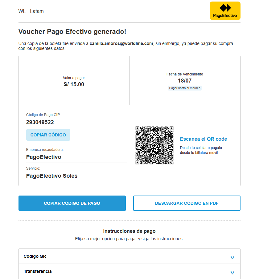 PagoEfectivo payment confirmation interface displaying transaction amount, reference code, QR code for mobile payment, and options to copy or download payment details